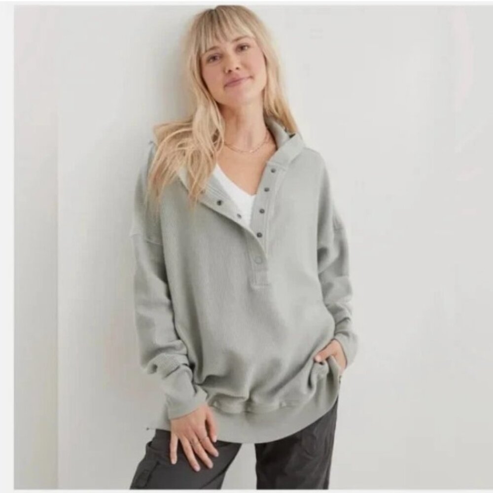 AERIE Ribbed Henley Pullover Oversized Hoodie Gray ** Small ** EUC!!!